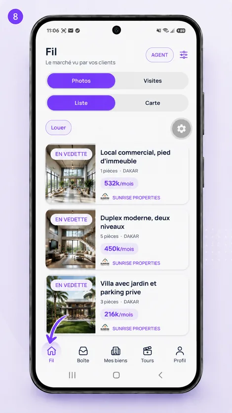 The Discover feed in the Immo Manager app, with listings in photos and video