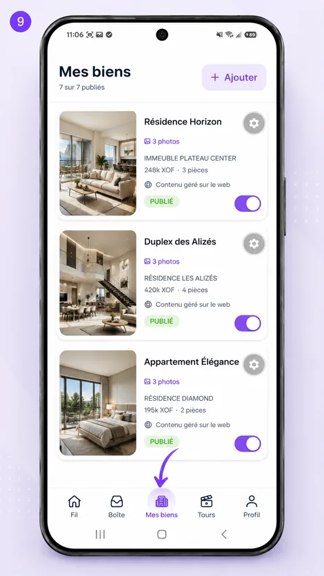 The My properties screen, where a member of staff lists or unlists a home